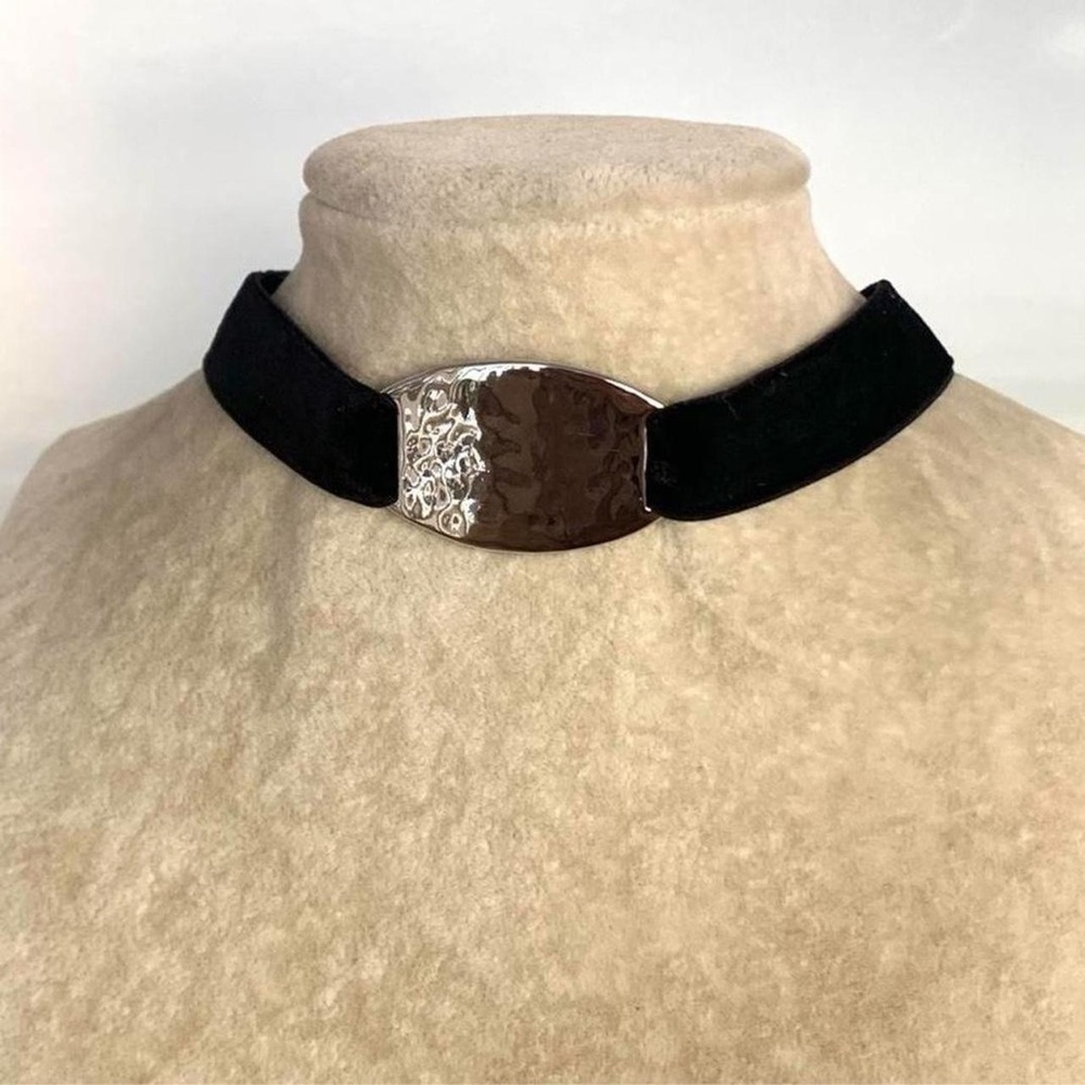 Chico's Black Velvet Choker with Hammered Silver Oval